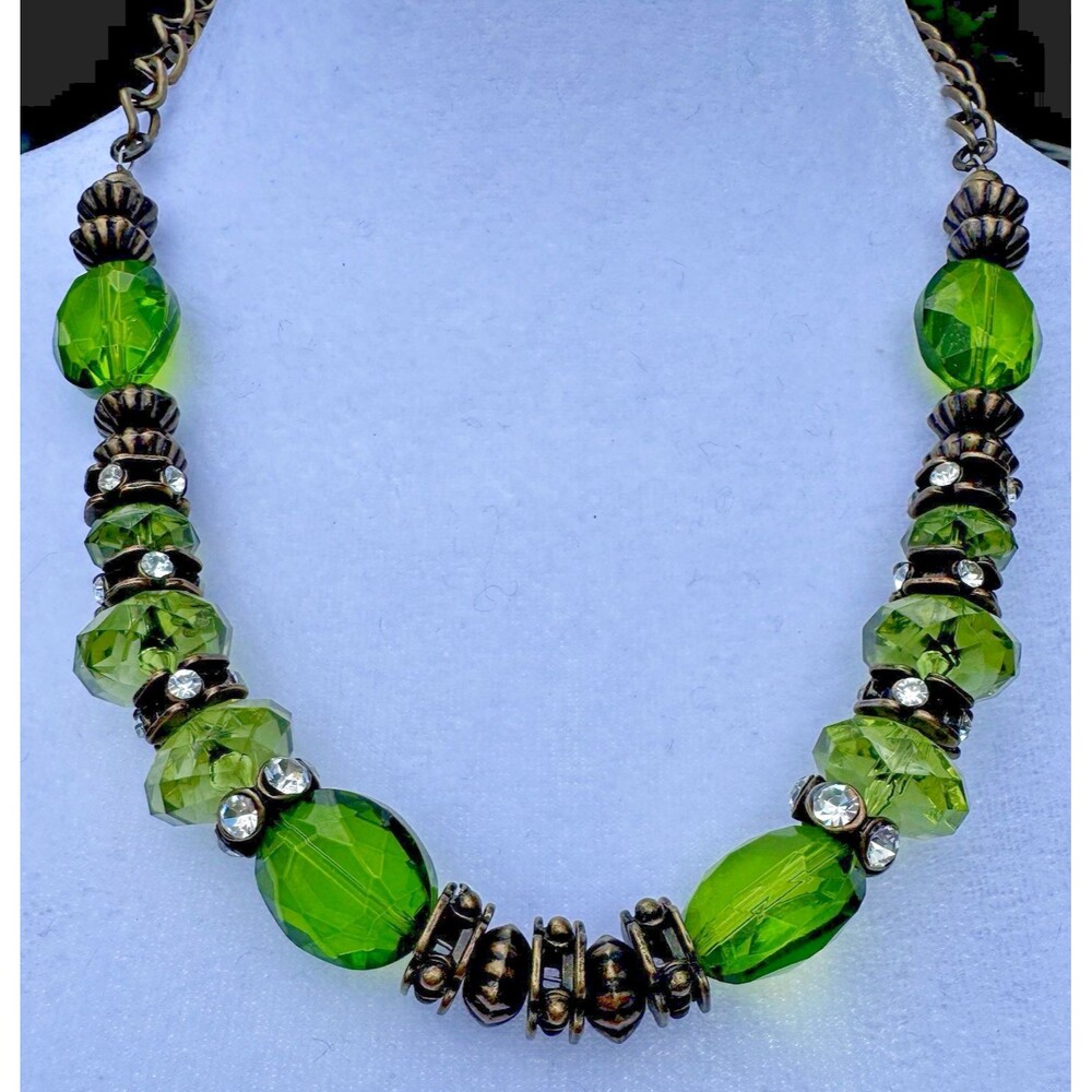 Vintage Y2K Green Acrylic Rhinestone Rondelle Statement Necklace